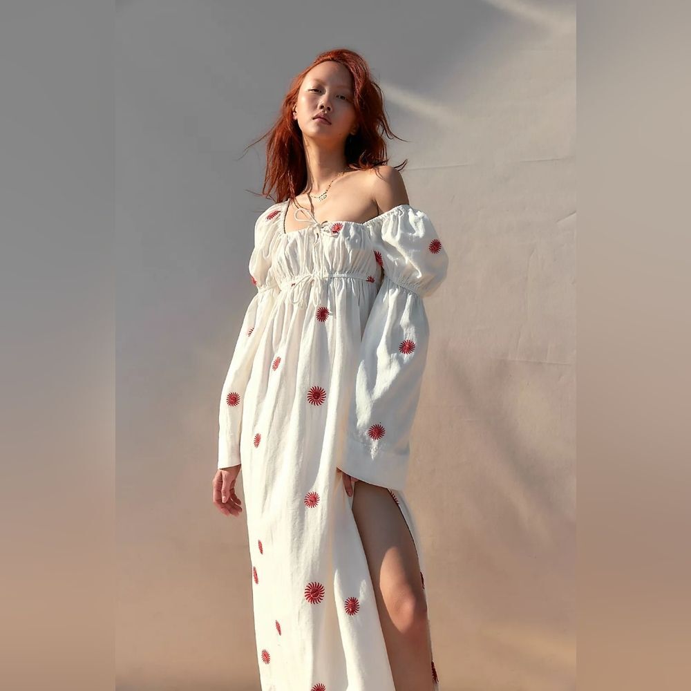 Free People Emory Embroidered Linen Midi Maxi Dress White Bohemian NWT Sz XS